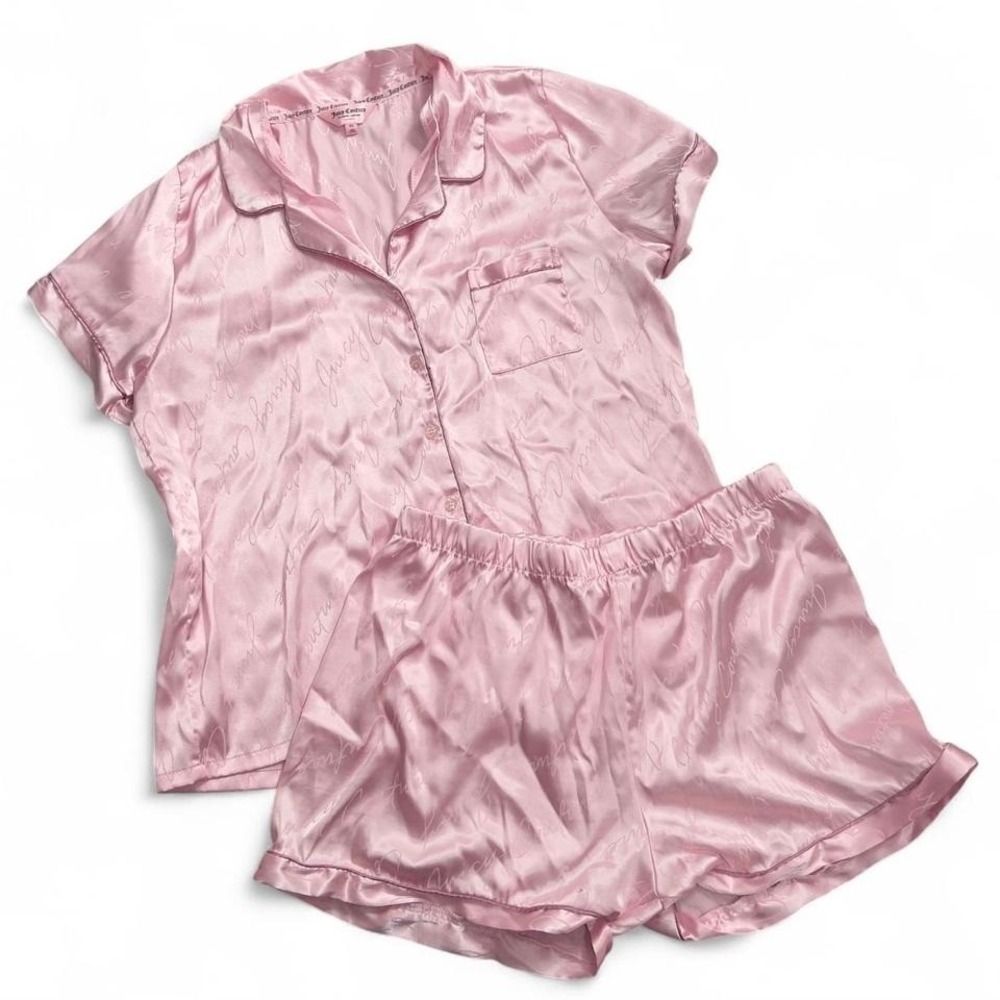 Juicy Couture Pink Satin Pajama Set Womens‎ XL Y2K Top & Shorts Comfy Lounge